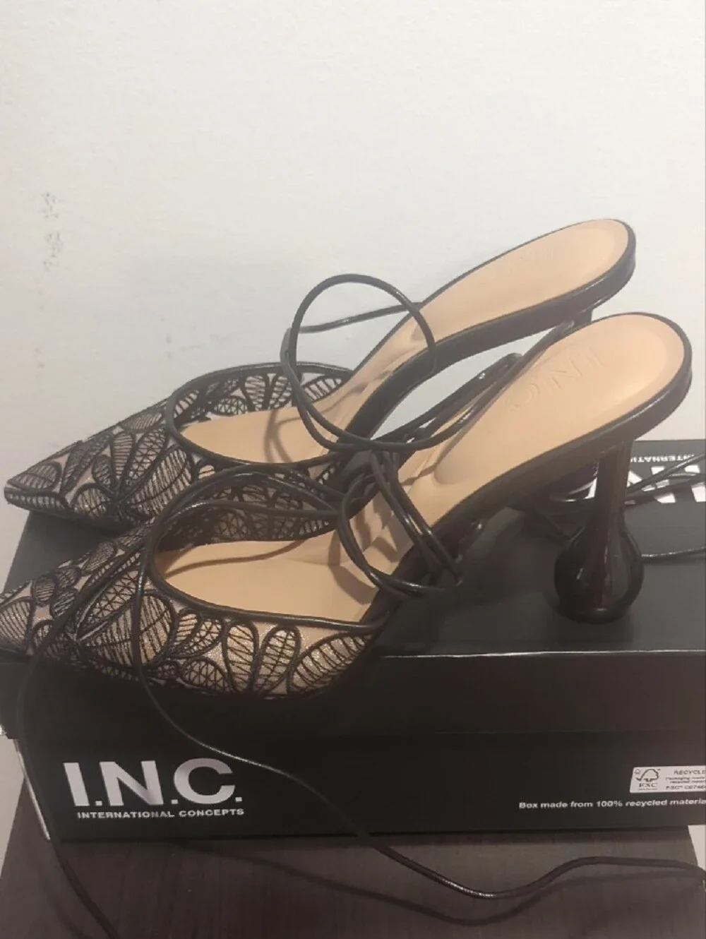 INC International Concepts Black Lace Pointed Toe Lace-Up Heels